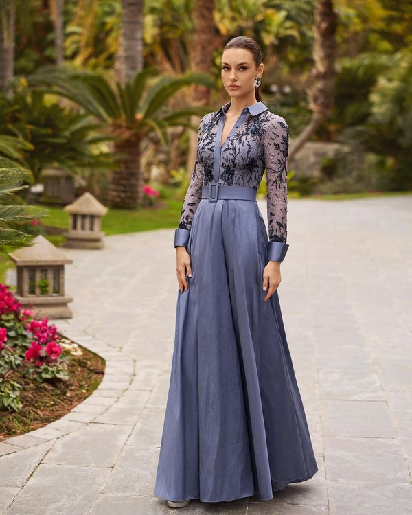 Blue Midi Dress with Embroidered Sheer Sleeves Blue Midi Dress with Embroidered Sheer Sleeves — Modest Dresses 2027