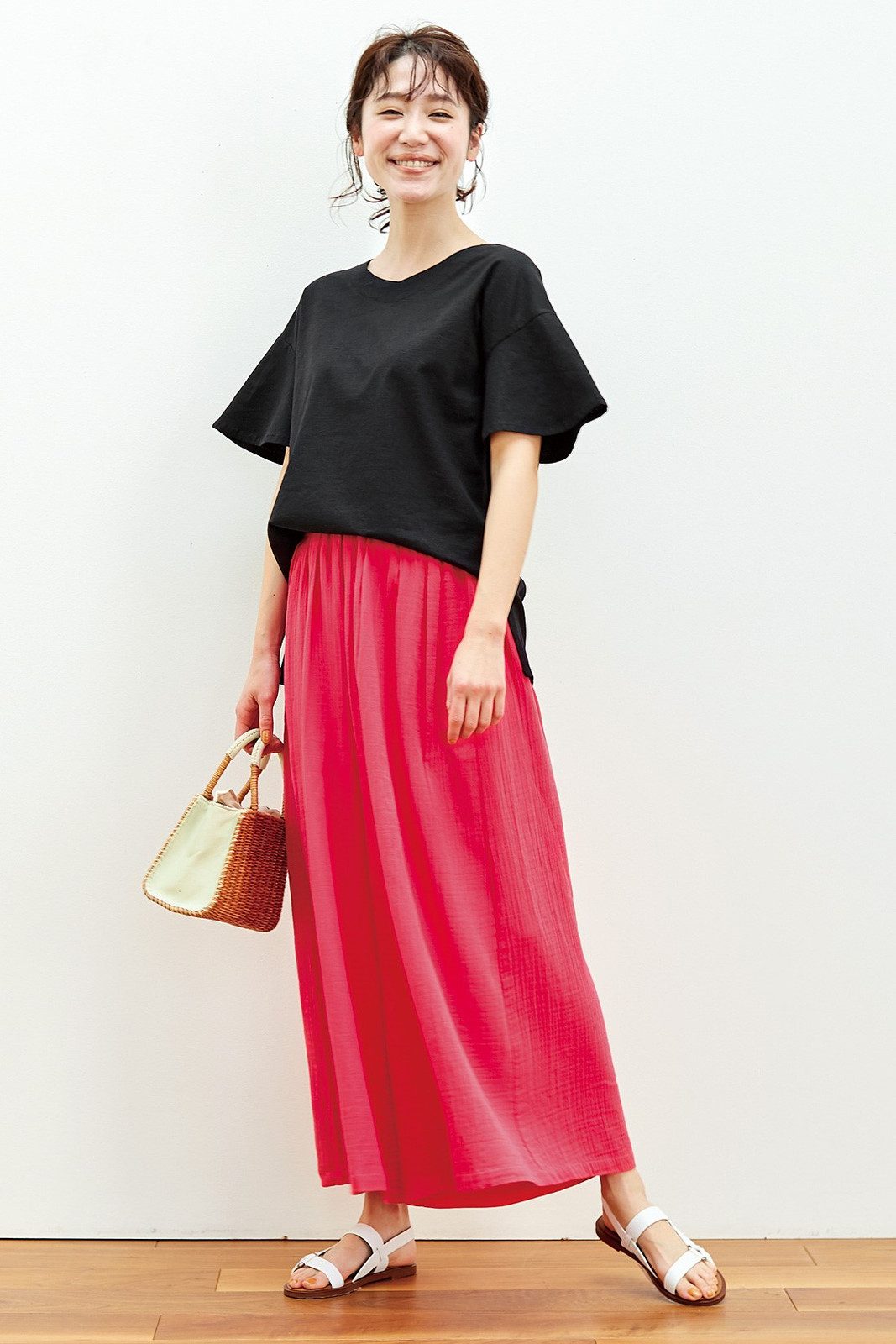 Bright Pink Maxi Skirt with Black Tee for Casual Summer Bright Pink Maxi Skirt with Black Tee for Casual Summer — Colorful Summer Outfits 2027