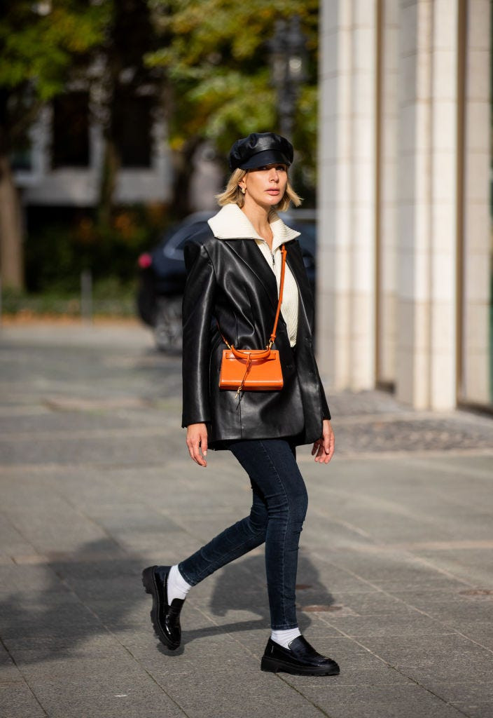 Dark Wash Skinny Jeans with Leather Blazer and Orange Mini Bag — Scene Skinny Jeans Outfits 2027