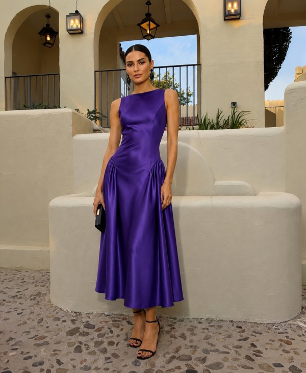 Vibrant Purple Satin Midi Dress with Fitted Bodice and Full Skirt — Satin Bridesmaid Dresses 2027