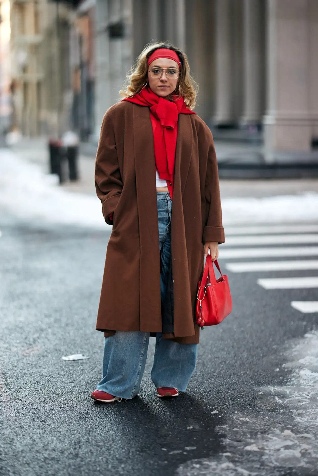 Bold Red Accents on Oversized Coat and Wide-Leg Jeans — Wide Leg Jeans Outfits 2027