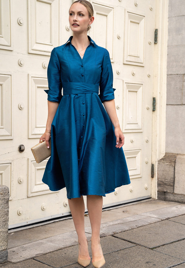 Teal Silk-Like Collared Midi Dress with Belted Waist — Cocktail Party Outfits 2027