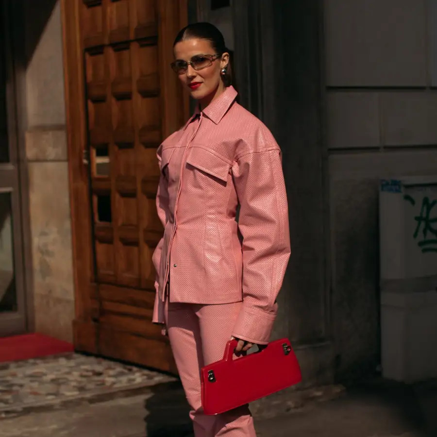 Pale Pink Faux Leather Shirt with Red Structured Handbag Pale Pink Faux Leather Shirt with Red Structured Handbag — Pink and Red Outfits 2027