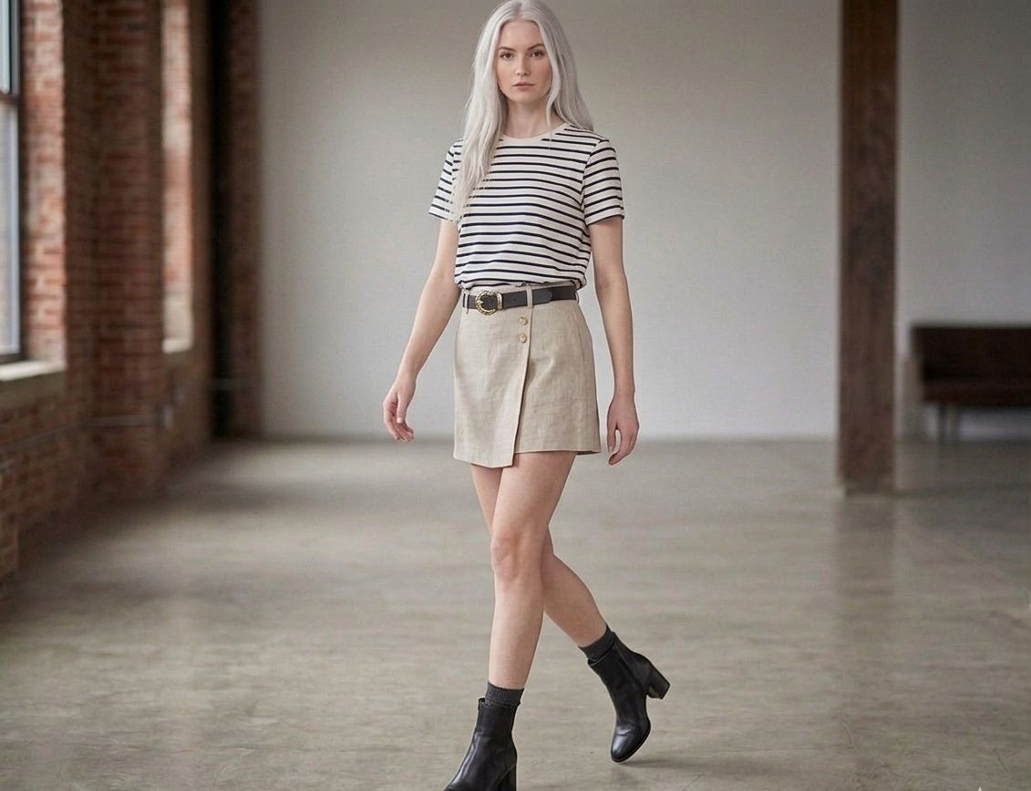 Beige Linen-Blend Wrap Skort with Striped Tee Beige Linen-Blend Wrap Skort with Striped Tee — Skort Outfits 2027