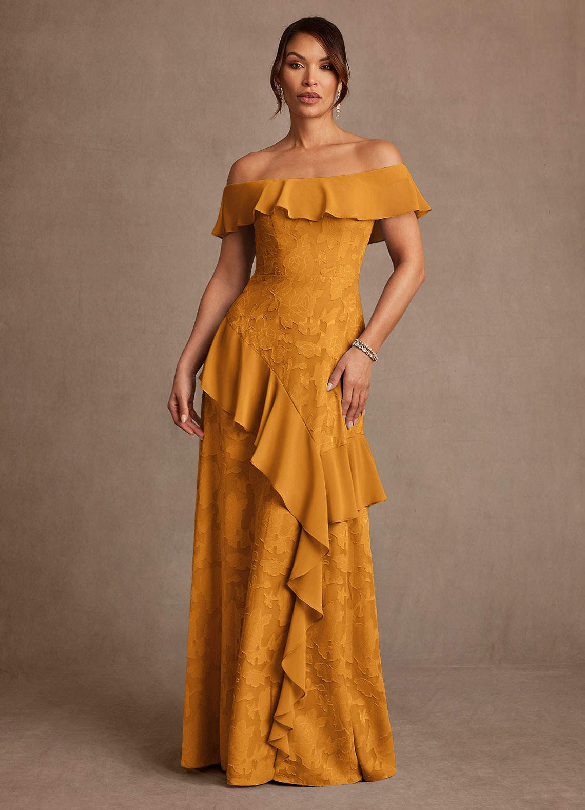 Caramel Off-the-Shoulder Dress with Devoré Floral Pattern Caramel Off-the-Shoulder Dress with Devoré Floral Pattern — Off the Shoulder Dresses 2027