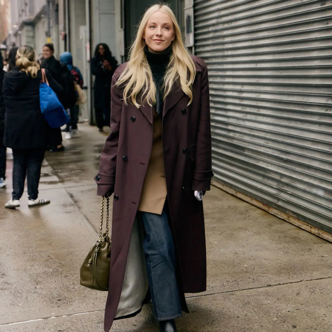 Burgundy Trench Coat Over Tan Blazer and Green Turtleneck — Casual Valentines Outfits 2027