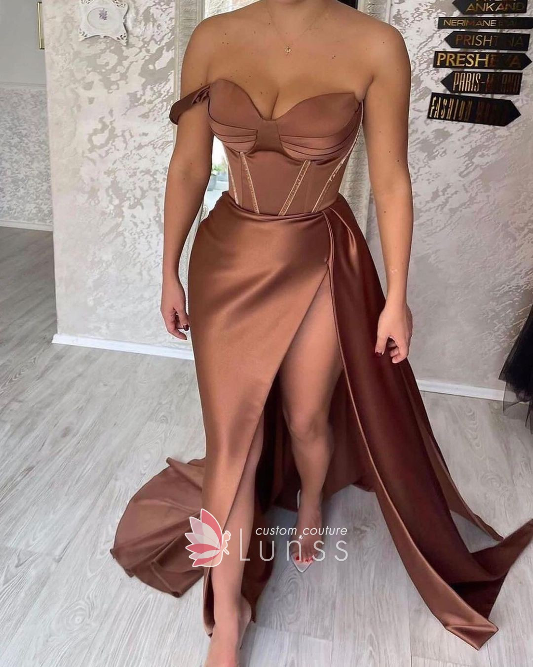 Bronze Satin Corset Gown with Off-the-Shoulder Neckline and High Slit Bronze Satin Corset Gown with Off-the-Shoulder Neckline and High Slit — Corset Prom Dresses 2027