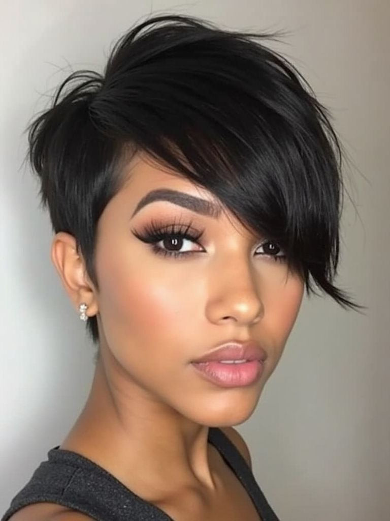 Black Pixie With Long Side-Swept Bangs Black Pixie With Long Side-Swept Bangs — Pixie Quick Weave Styles 2027