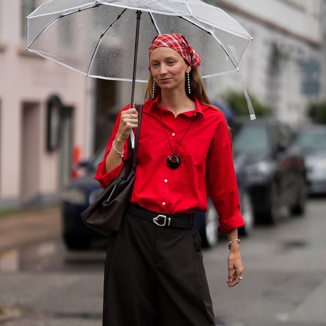 Long Brown Coat and Metallic Boots: Chic Rainy Day Contrast Long Brown Coat and Metallic Boots: Chic Rainy Day Contrast — Rainy Day Outfits 2027