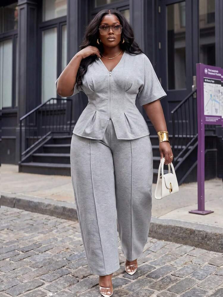 Light Grey Knit Peplum Top and Wide-Leg Trouser Combination Light Grey Knit Peplum Top and Wide-Leg Trouser Combination — Matching Set Outfits 2027