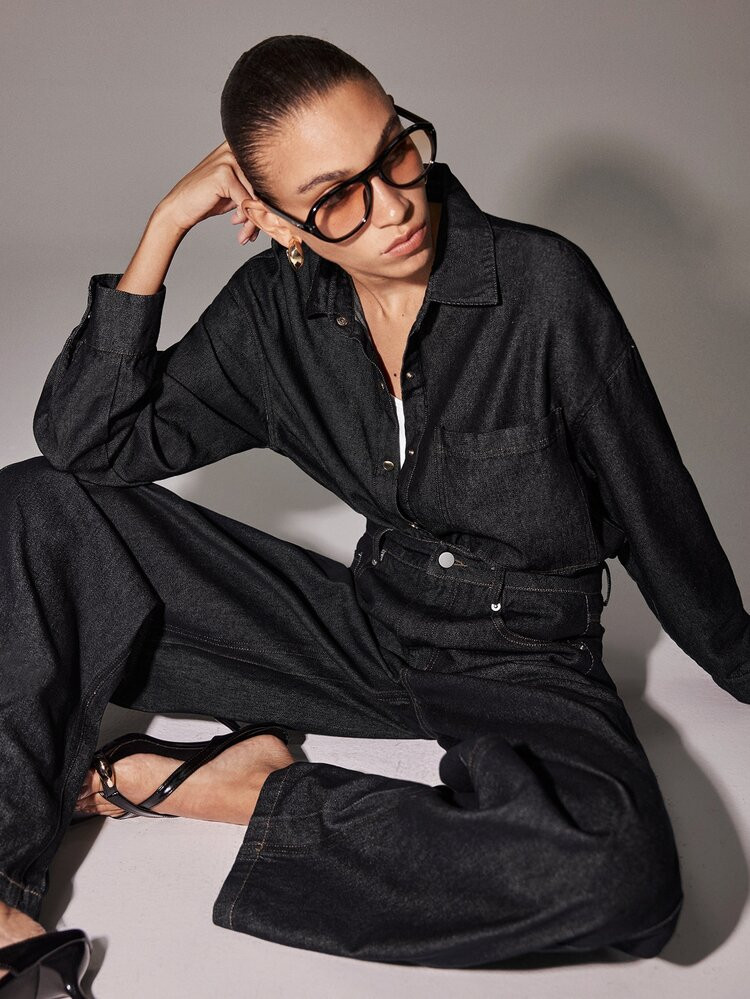 Black Denim Jumpsuit with White Tank Black Denim Jumpsuit with White Tank — Denim Shirt Outfits 2027