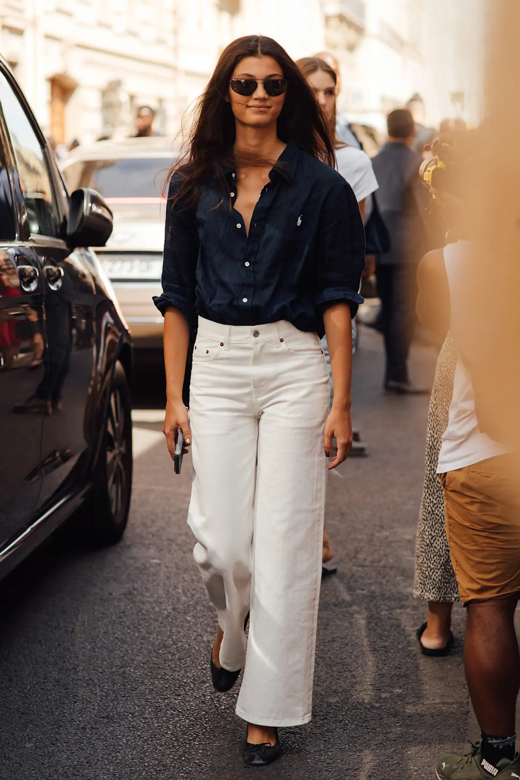 Effortless Wide-Leg White Jeans with a Relaxed Navy Shirt — French Girl Outfits 2027