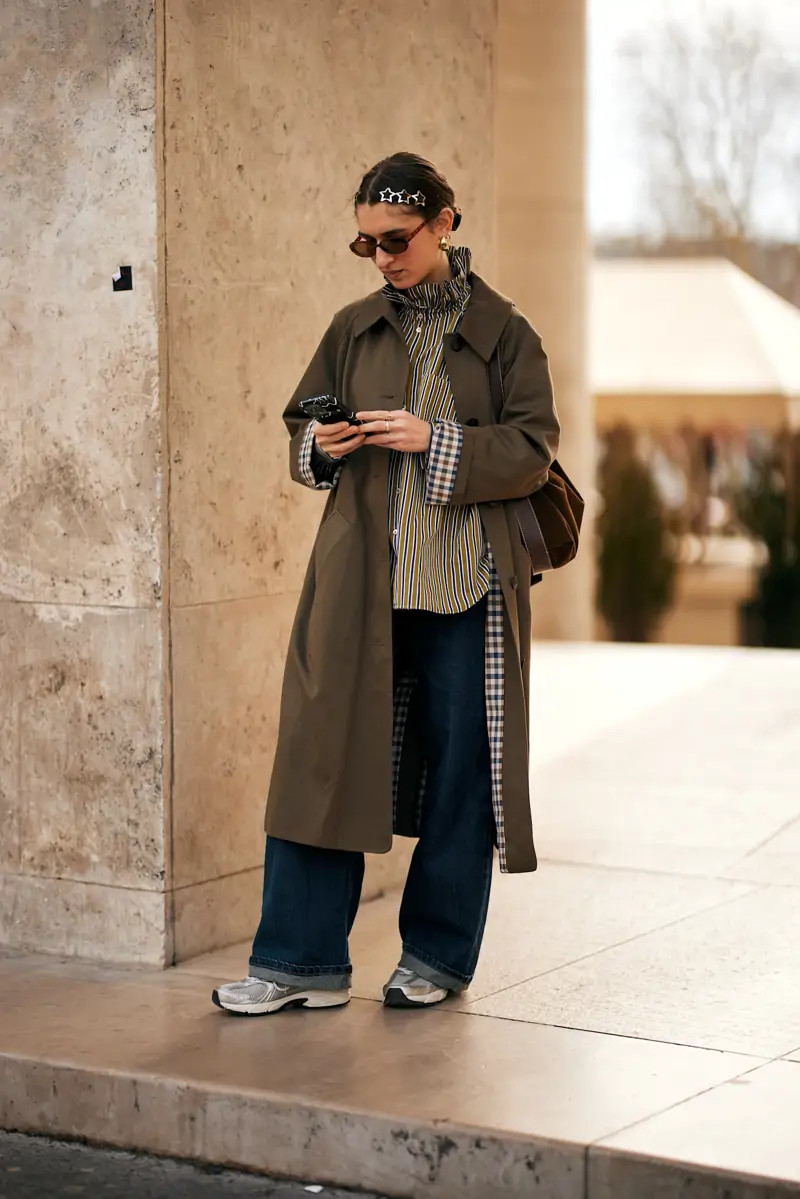 Layered Shirts and Trench Coat with Wide-Leg Jeans Layered Shirts and Trench Coat with Wide-Leg Jeans — Spring Outfits 2027 with Sneakers