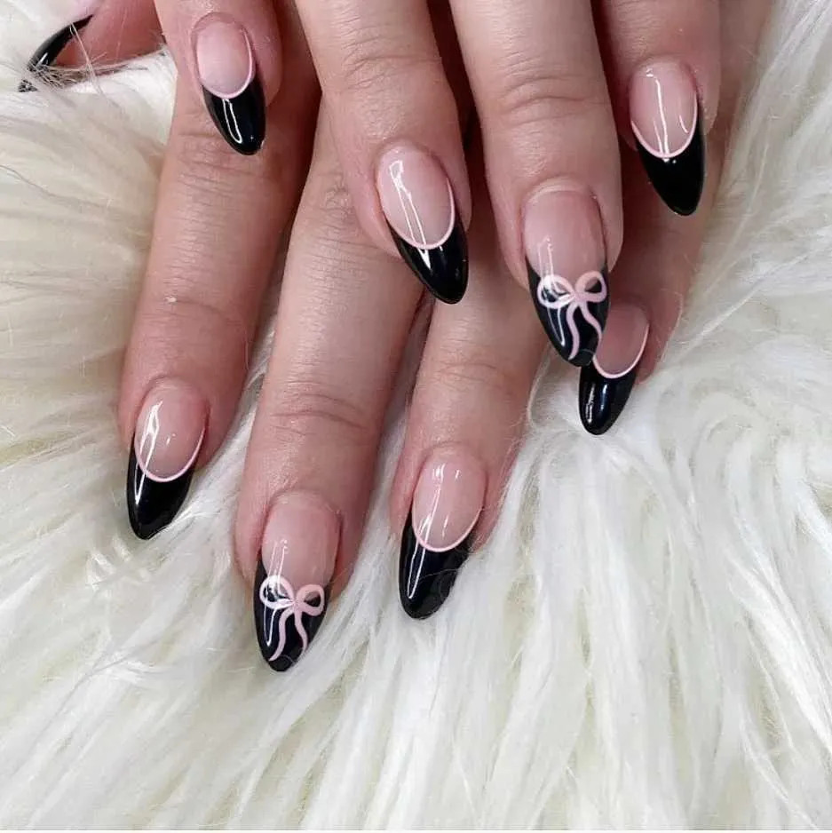Sheer Pink White Bow Black French Almond Nails — Highlighting The Intricate Details Short Bow Nails 2027