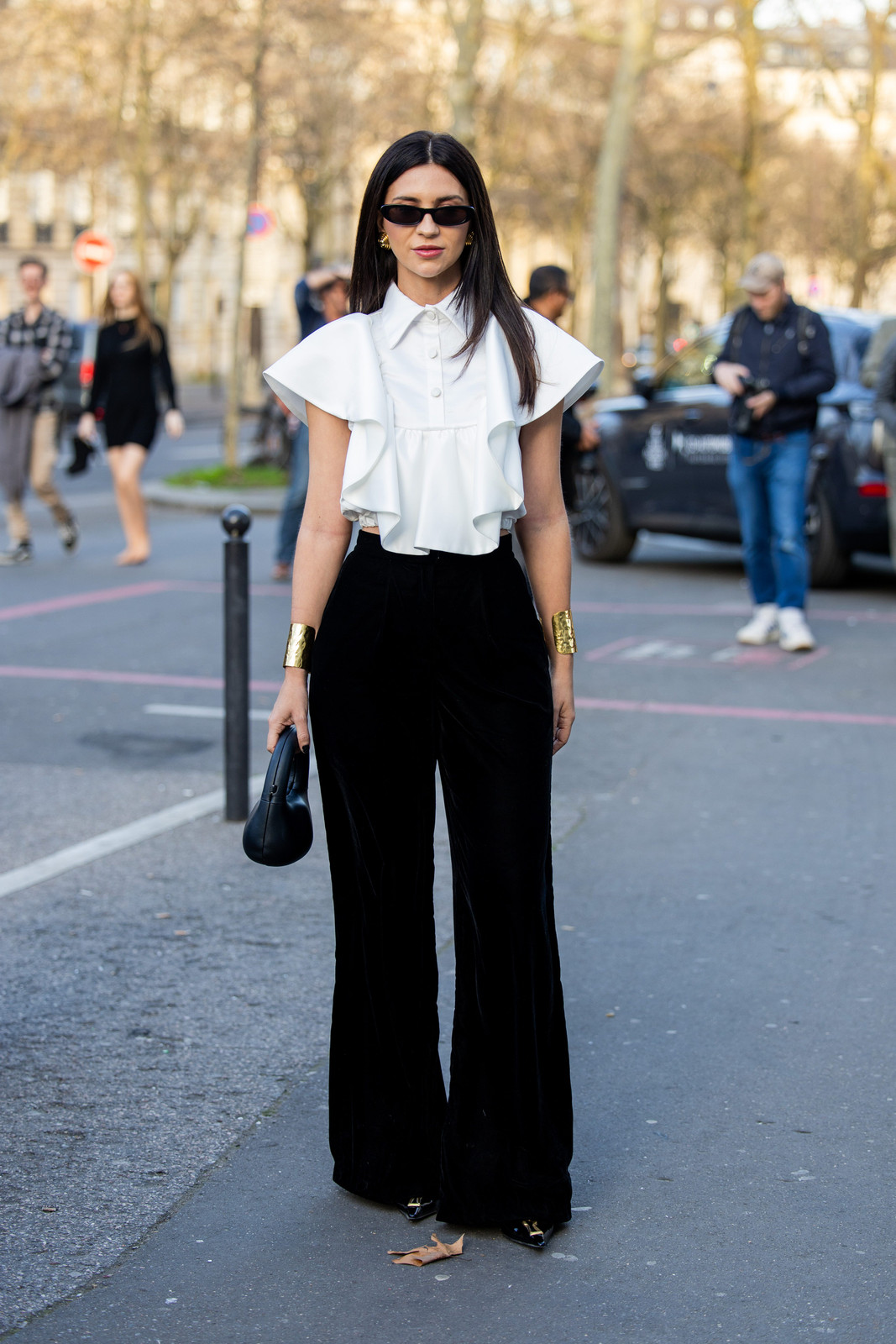 Dramatic Ruffled Sleeves Paired with Velvet Trousers for Evening Elegance Dramatic Ruffled Sleeves Paired with Velvet Trousers for Evening Elegance — Ruffle Top Outfits 2027