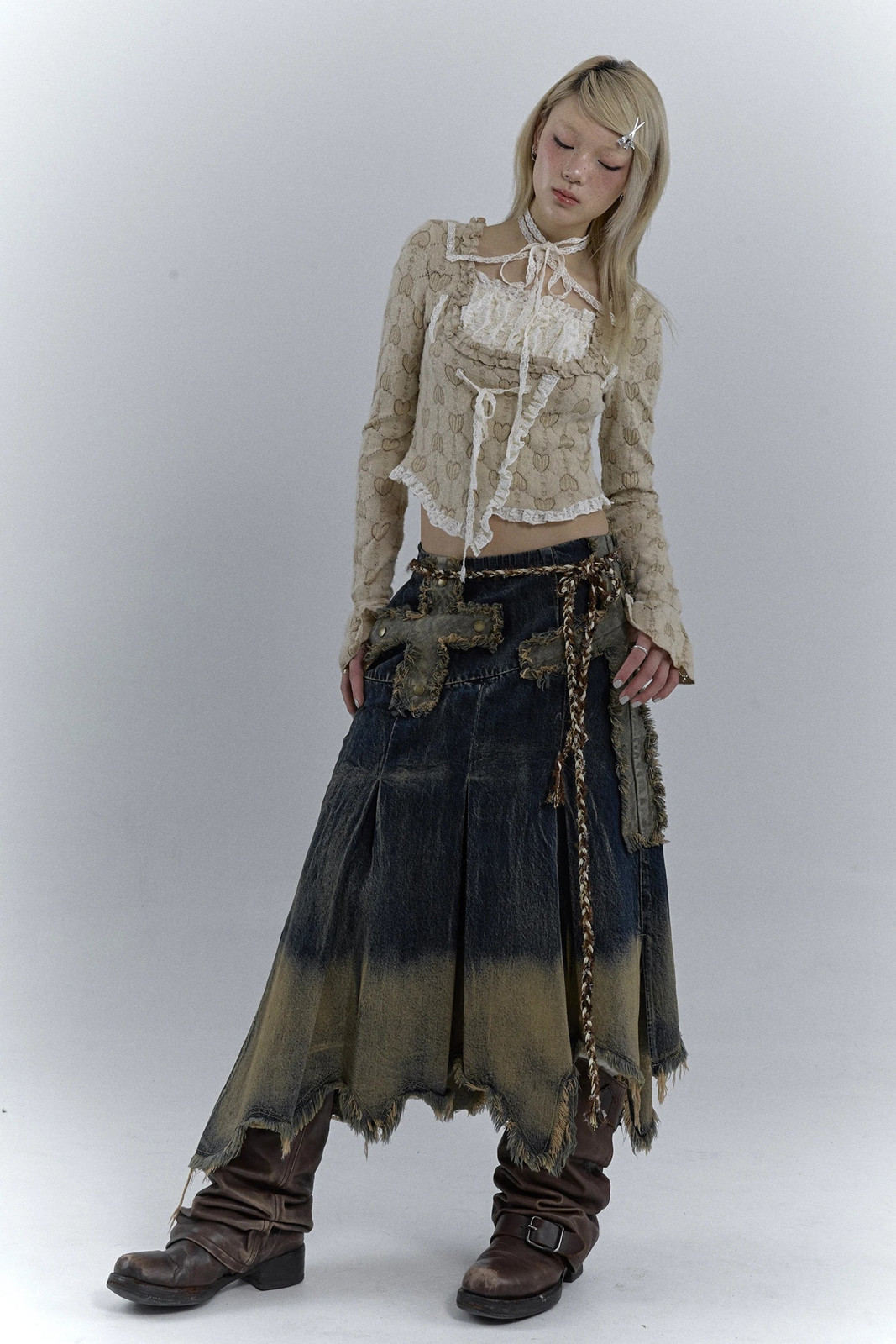 Distressed Denim Maxi Skirt with Lace Trim for Textured Grunge Distressed Denim Maxi Skirt with Lace Trim for Textured Grunge — Grunge Outfits 2027