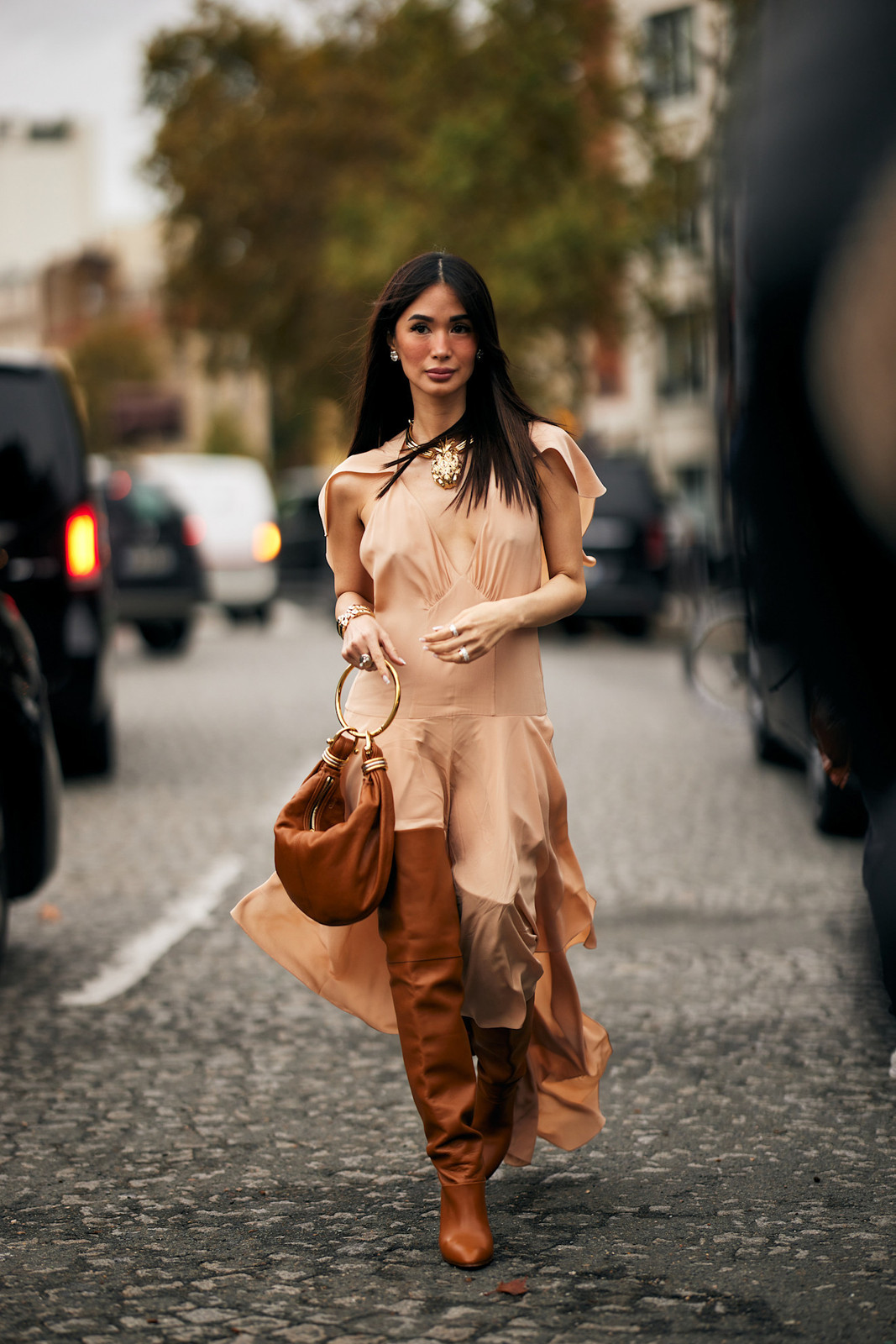 Pale Peach Asymmetrical Dress with Tan Knee-High Boots Pale Peach Asymmetrical Dress with Tan Knee-High Boots — Dress 2027 with Boots Outfit
