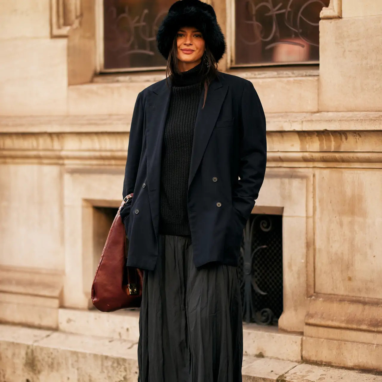Chic Day Out: Oversized Navy Blazer with Pleated Maxi Skirt Chic Day Out: Oversized Navy Blazer with Pleated Maxi Skirt — Bid Day Outfits 2027