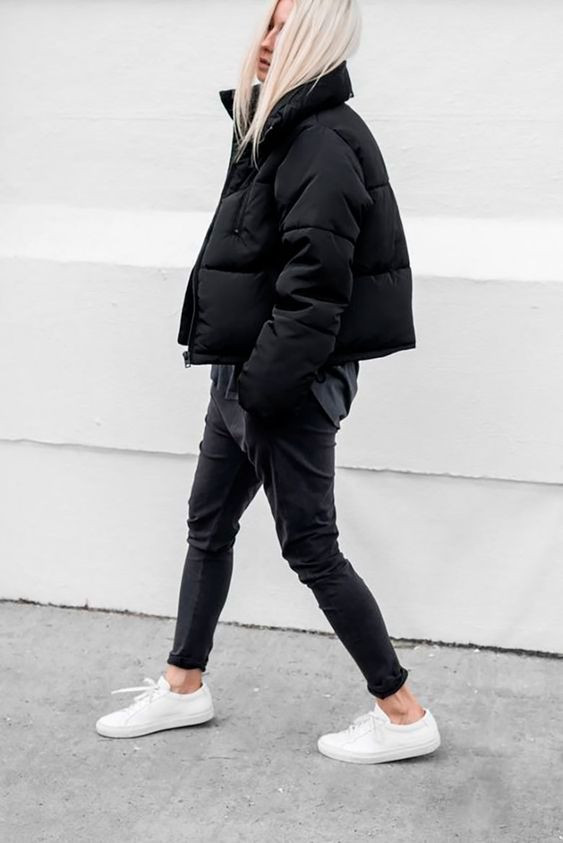 Black Puffer Jacket Over Grey T-Shirt and Fitted Pants Black Puffer Jacket Over Grey T-Shirt and Fitted Pants — Winter Neutral Outfits 2027