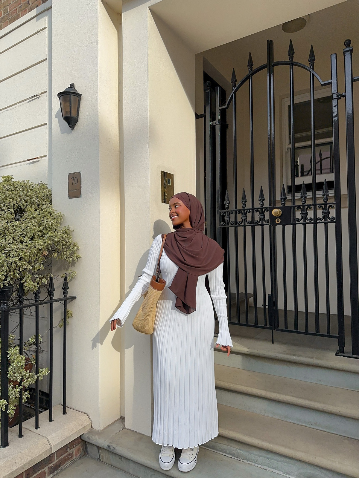 White Ribbed Knit Maxi Dress with Brown Hijab White Ribbed Knit Maxi Dress with Brown Hijab — Hijab Outfits 2027