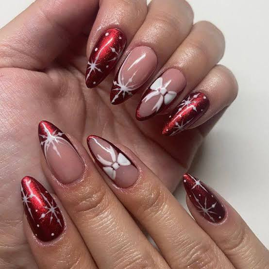 Snowflake And Bow Motifs On Accent Nails Visual Idea Snowflake And Bow Motifs On Accent Nails Visual Idea — Christmas Almond Nails 2026