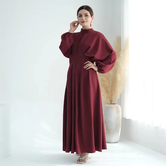 Burgundy Balloon Sleeve A-Line Maxi Dress Burgundy Balloon Sleeve A-Line Maxi Dress — Modest Dresses 2027