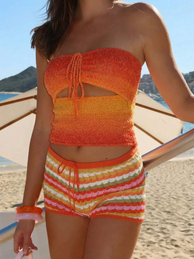 Knit Bandeau Top and Striped Shorts for Vacation Style Knit Bandeau Top and Striped Shorts for Vacation Style — Colorful Summer Outfits 2027
