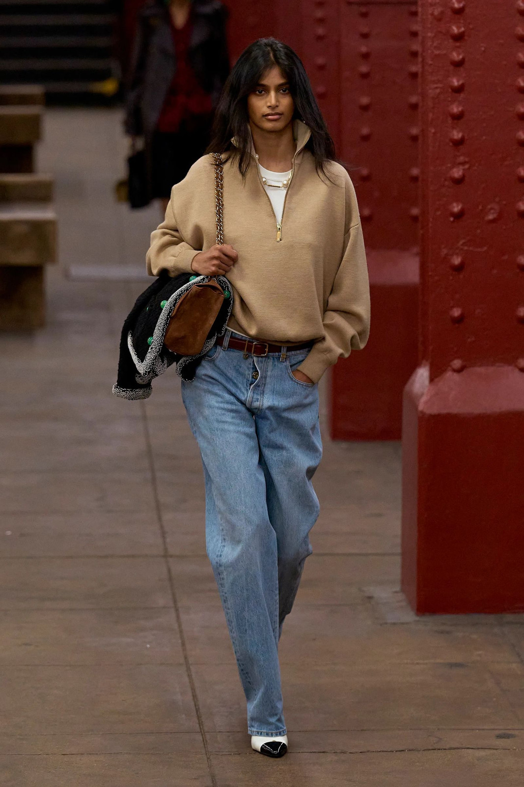 Wide-Leg Jeans with Polo Shirt and Half-Zip Sweatshirt — Casual Teacher Outfits 2027