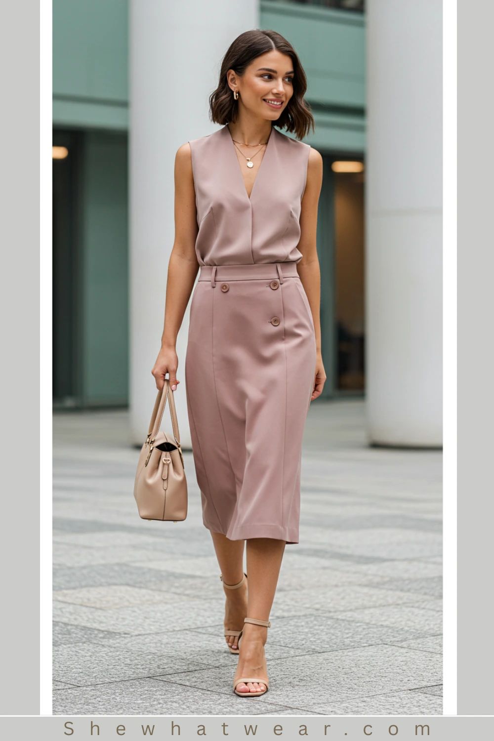 Dusty Rose Sophistication: Midi Skirt and V-Neck Top Dusty Rose Sophistication: Midi Skirt and V-Neck Top — Interview Outfits 2027