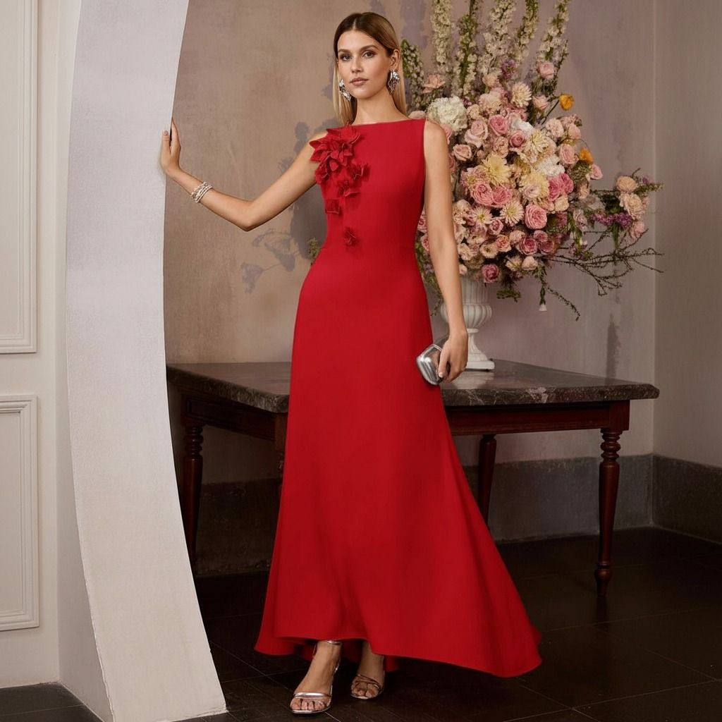 Vibrant Red A-Line Maxi Dress with 3D Floral Shoulder Embellishment Vibrant Red A-Line Maxi Dress with 3D Floral Shoulder Embellishment — Red Prom Dresses 2027