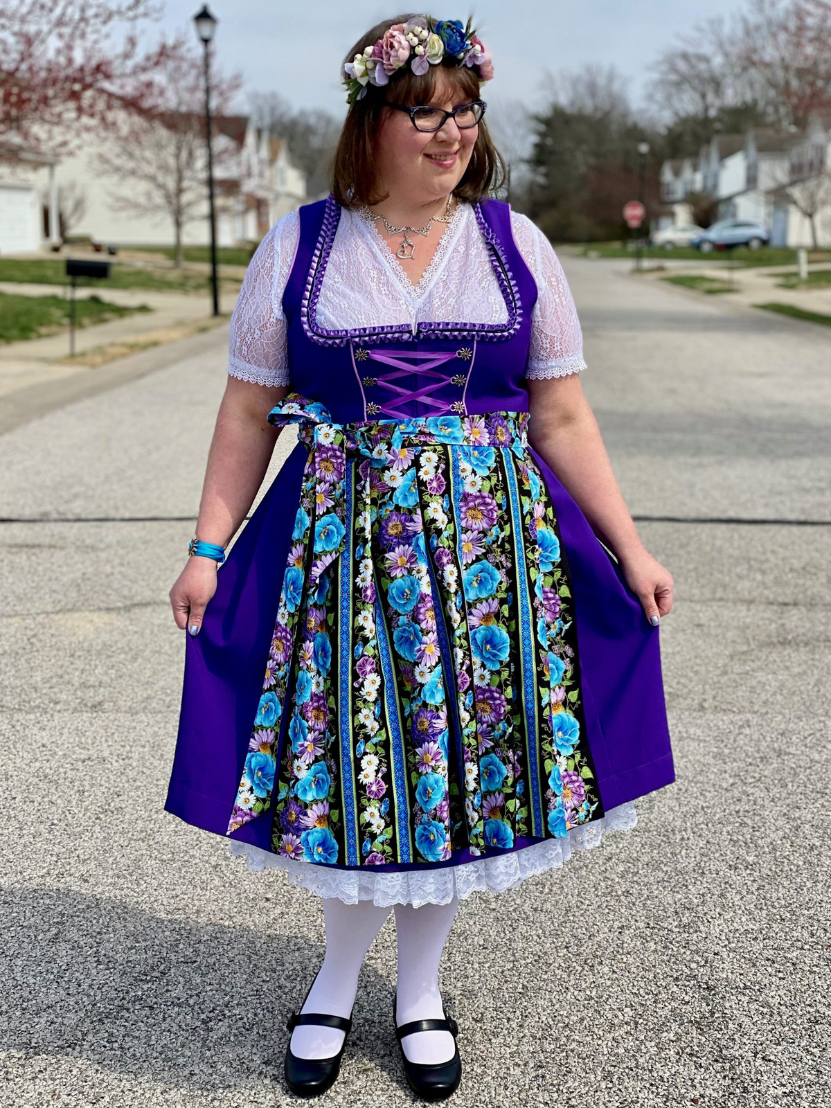 Purple Dirndl Dress with Floral Embroidery and Flower Crown Purple Dirndl Dress with Floral Embroidery and Flower Crown — Easter Church Outfits 2027