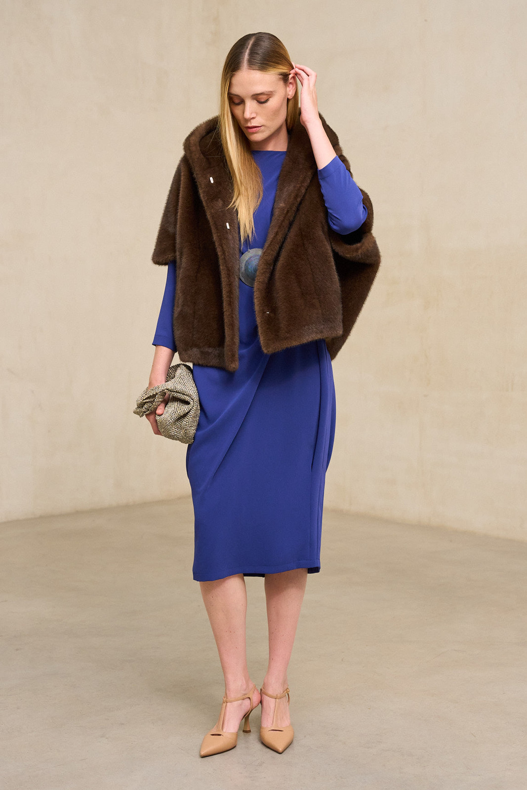 Fitted Royal Blue Dress with Fur Capelet for Elegant Formal Occasions Fitted Royal Blue Dress with Fur Capelet for Elegant Formal Occasions — Cobalt Blue Outfits 2027