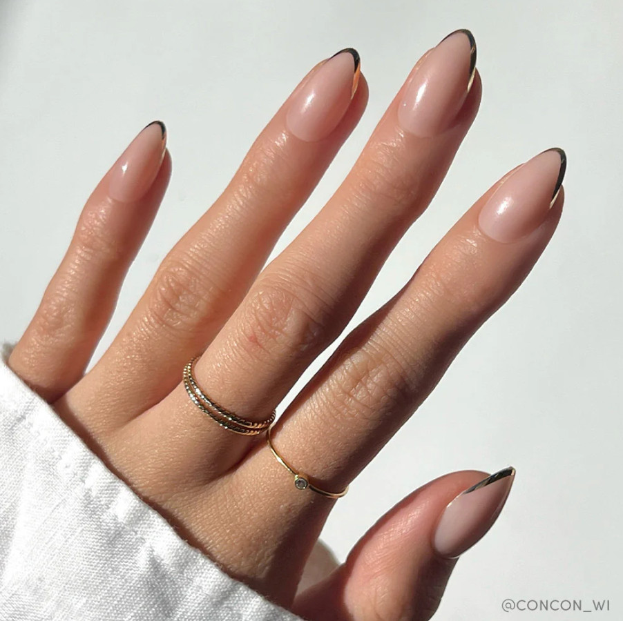 Long Nude Thin Black French with Gold Long Nude Thin Black French with Gold — Almond Press On Nails 2027
