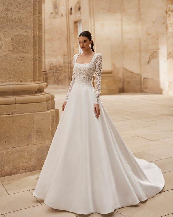 White Satin A-line Wedding Gown with Square Neck and Lace Sleeves White Satin A-line Wedding Gown with Square Neck and Lace Sleeves — Church Dresses 2027