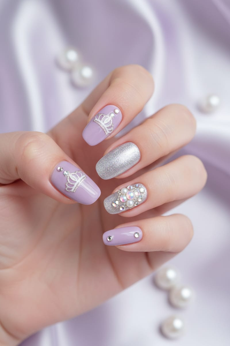 Lavender Crown and Rhinestone Sparkle — Birthday Nails 2027