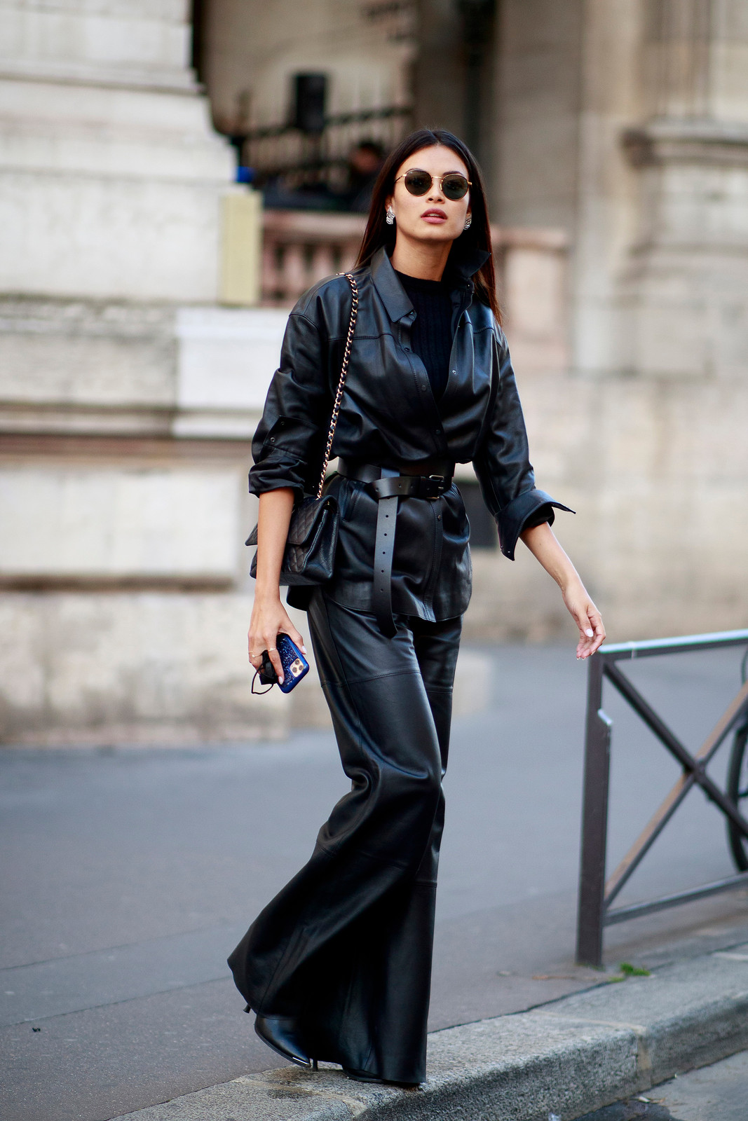 Belted Black Leather Jacket with Wide-Leg Trousers Belted Black Leather Jacket with Wide-Leg Trousers — Winter Casual Outfits 2027