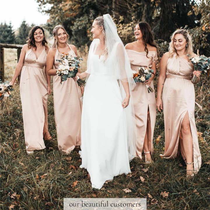 Champagne, Blush, and Rose Gold Satin Dresses for a Bridal Party — Satin Bridesmaid Dresses 2027