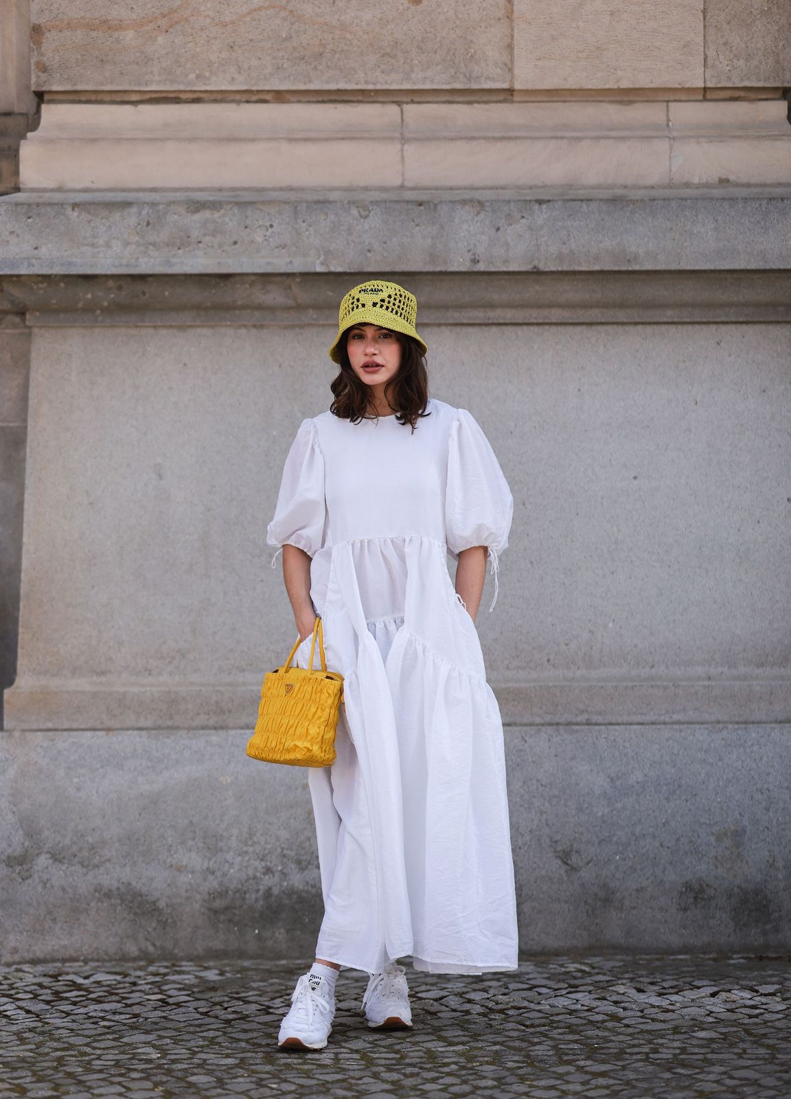 Tiered Maxi Dress and White Sneakers with Yellow Accents Tiered Maxi Dress and White Sneakers with Yellow Accents — White Sneakers Outfits 2027