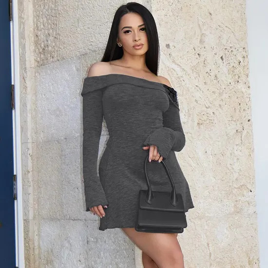 Casual Charcoal Grey Knit Off-the-Shoulder Mini Dress Casual Charcoal Grey Knit Off-the-Shoulder Mini Dress — Off the Shoulder Dresses 2027