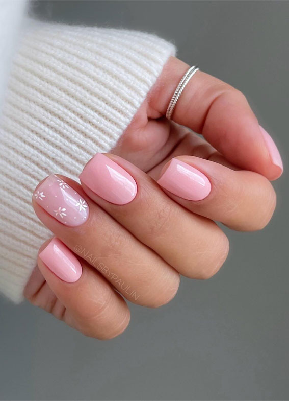 Soft Baby Pink with White Floral Accent — Baby Pink Nails 2027