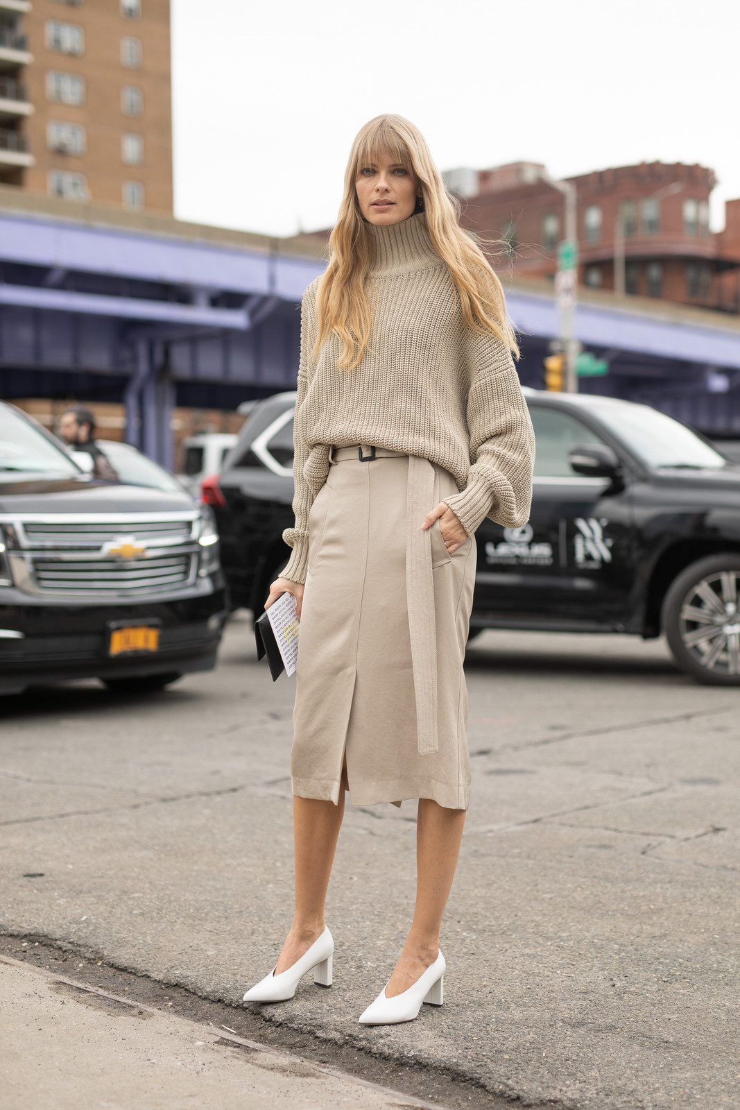 Textured Cream Turtleneck with Belted Midi Skirt Textured Cream Turtleneck with Belted Midi Skirt — Winter Cream Outfits 2027