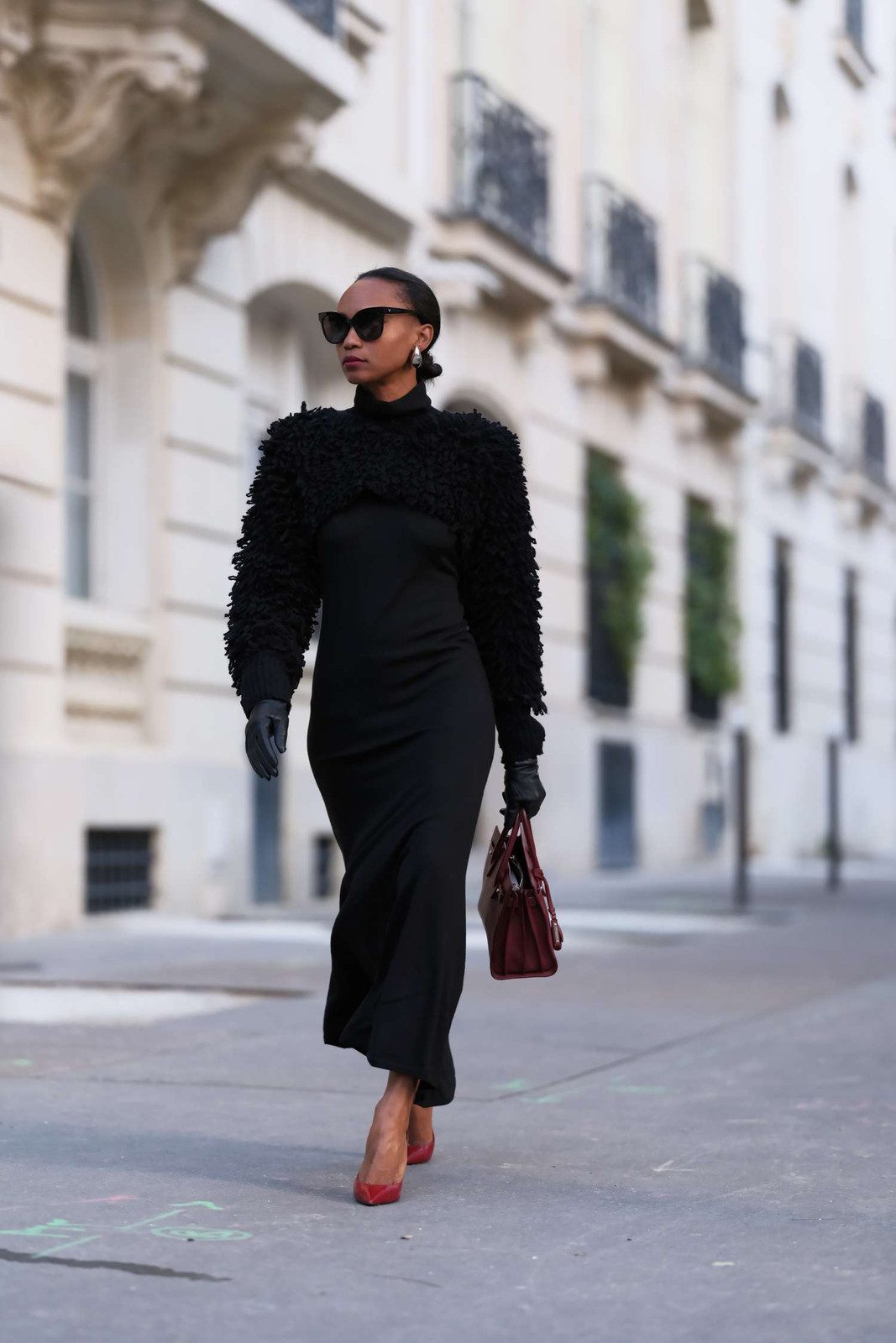 Fitted Black Dress with Textured Shrug and Red Heels — Cocktail Party Outfits 2027