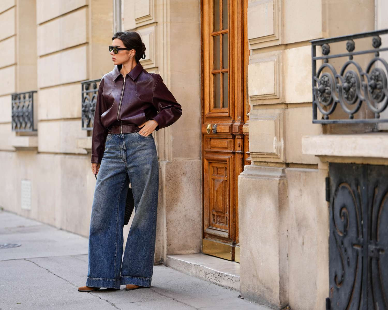 Burgundy Leather Bomber Jacket with Wide Leg Blue Jeans Burgundy Leather Bomber Jacket with Wide Leg Blue Jeans — Sweater and Jeans Outfits 2027