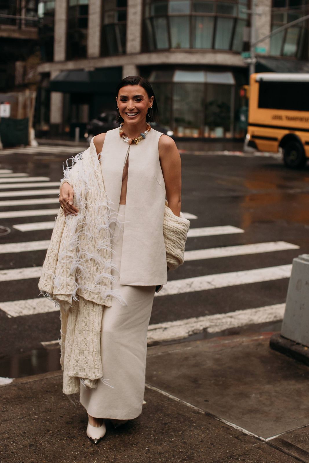 Cream Vest and Trousers with Feathered Cardigan Cream Vest and Trousers with Feathered Cardigan — Vest Outfits 2027