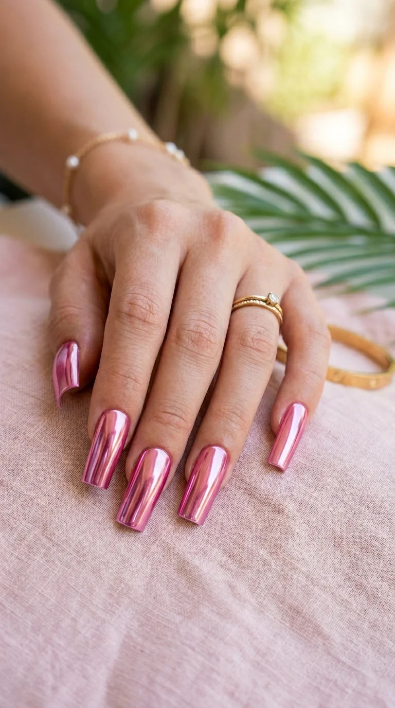 Warm Undertone Metallic Pink Squares — Pink Chrome Nails 2027