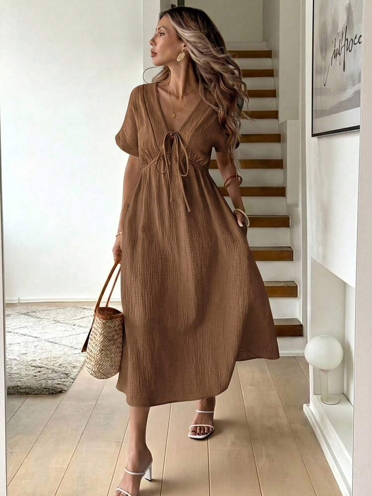 Brown Gauze Midi Dress with Tie-Waist for a Relaxed Brunch Brown Gauze Midi Dress with Tie-Waist for a Relaxed Brunch — Cute Brunch Dress 2027