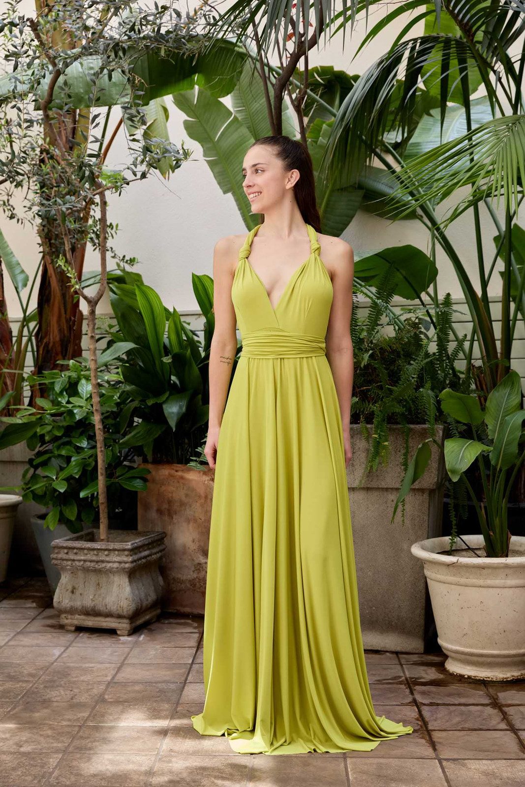 Lime Green Halter Neck Maxi Dress in Crepe Fabric Lime Green Halter Neck Maxi Dress in Crepe Fabric — Graduation Party Outfits 2027