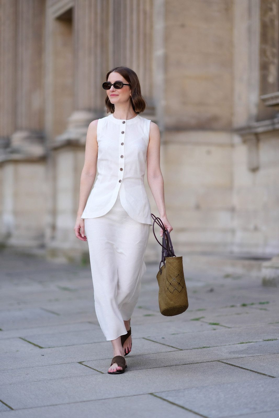White Linen Vest and Wide-Leg Trousers with Dark Brown Sandals White Linen Vest and Wide-Leg Trousers with Dark Brown Sandals — Linen Shorts Outfits 2027