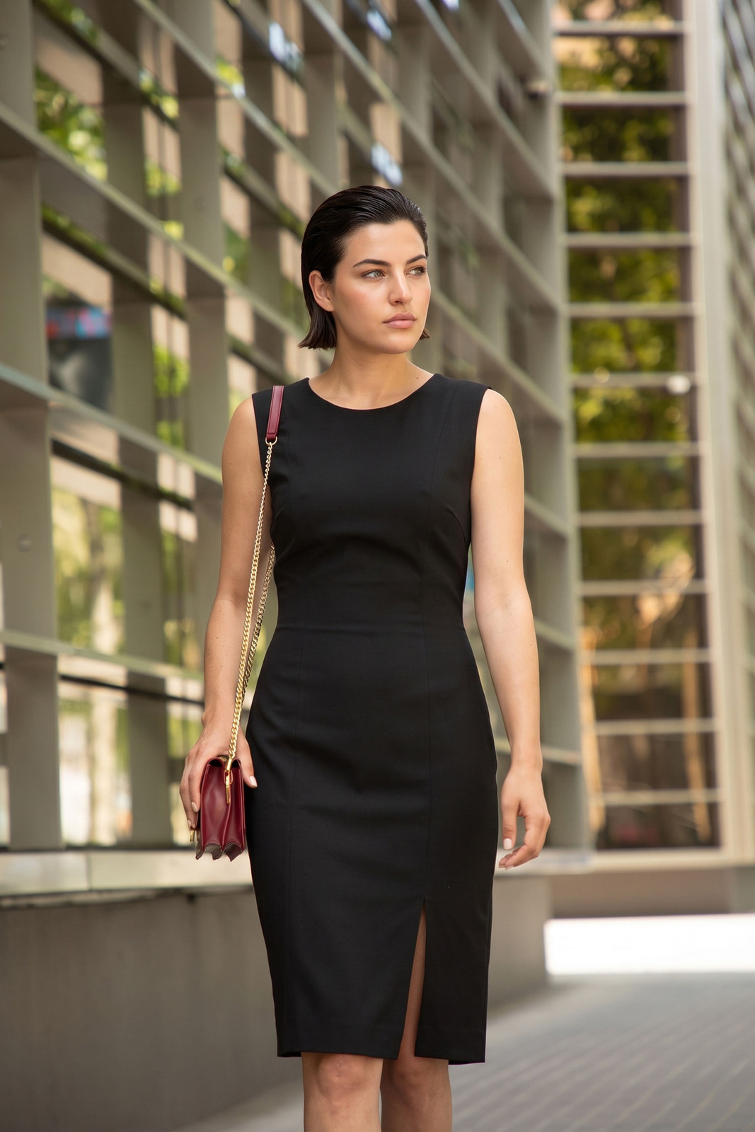 Sleek Sheath Dress: Black Midi with Burgundy Crossbody for Professional Style — Summer Work Outfits 2027