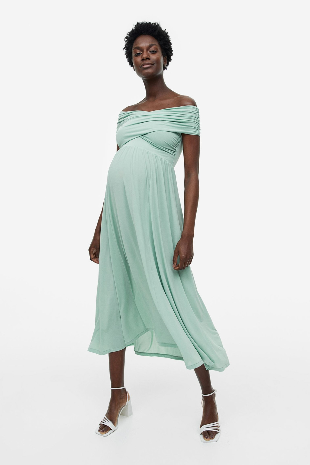 Dreamy Maternity Event Wear: Off-the-Shoulder Mint Dress Maternity Outfits 2027